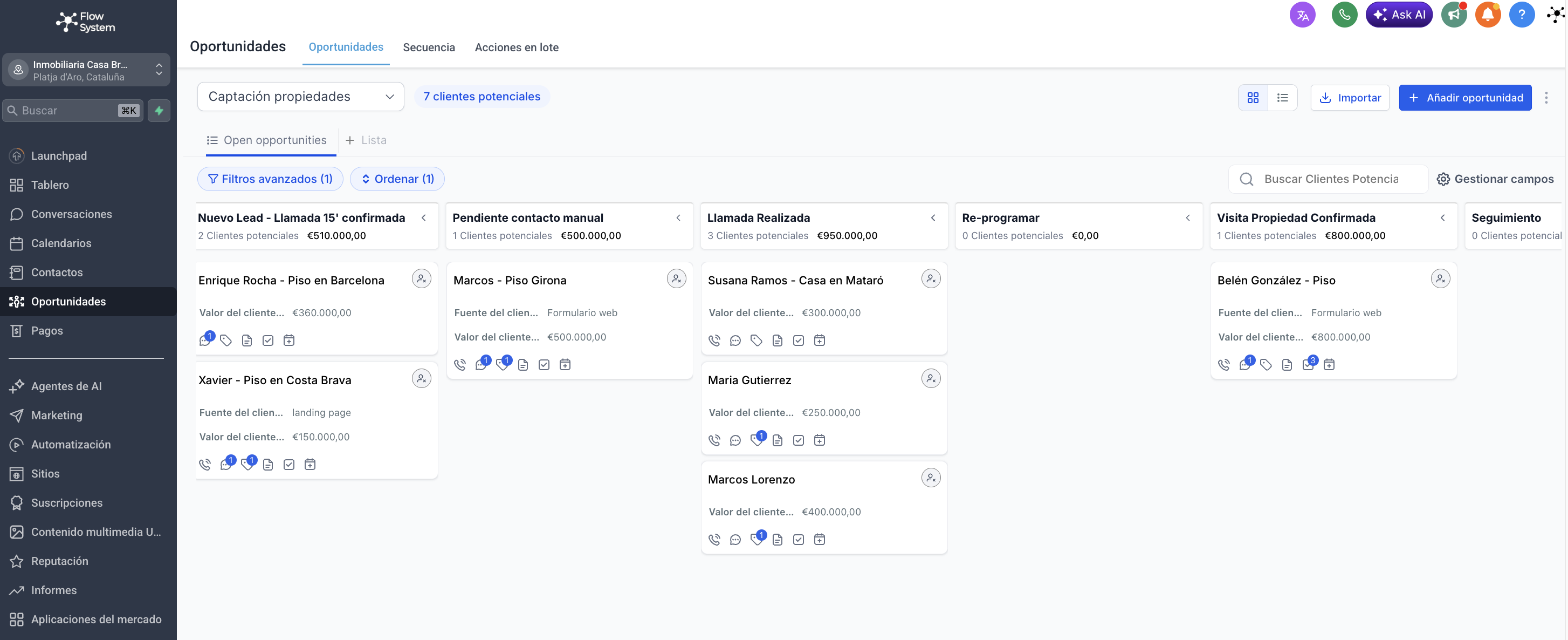 Dashboard Flow System — pipeline de captación de propiedades